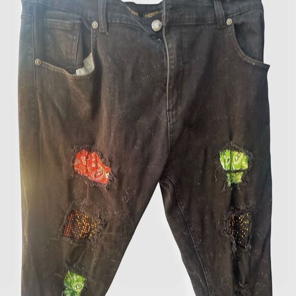 Men’s GS-115 Black Multicolor Patch Jeans Size 38 - Picture 2 of 4